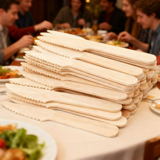 Wooden Knives Cutlery Set 100Pcs, Compostable Spoons Forks Biodegradable Utensils for Party Picnic Wedding Eco Friendly, By VINOIC