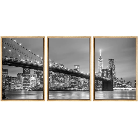 wall26 Framed Canvas Print Wall Art Set Black & White Manhattan Bridge in NYC Architecture & Maps Cityscape Photography Realism Rustic Scenic for Living Room, Bedroom, Office - 16"x24&qu