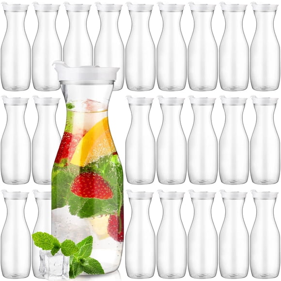 Gejoy 24 Pcs Plastic Water Carafe with Lids 32 oz Clear Juice Pitchers for Mimosa Bar Drinks Milk Iced Tea Beverage Containers for Home Restaurant Sc