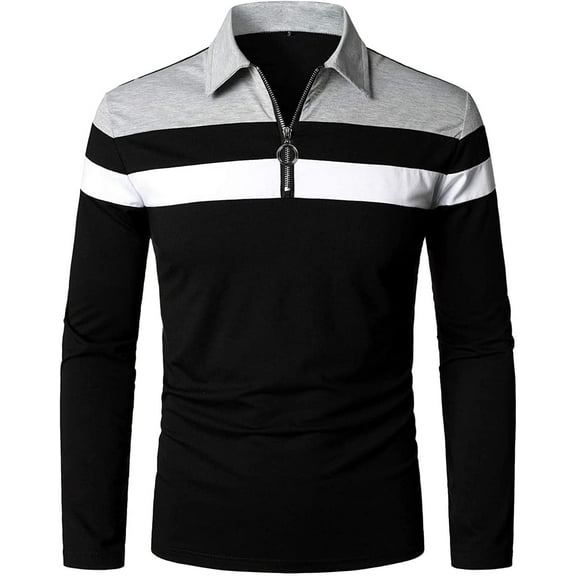 MLANM Men’s Long Sleeve Polo Shirt Casual Slim Fit Shirts Contrast Color Patchwork T Shirts Cotton Tops, M Black