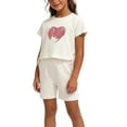 thumbnail image 4 of Zpanxa Girls Short Sets Girls Two Piece Outfit Short Sleeve Heart Print Drawstring T Shirt and Short Pant Set Kids Casual Summer Clothes Toddler Little Girls White 3 Years, 4 of 6