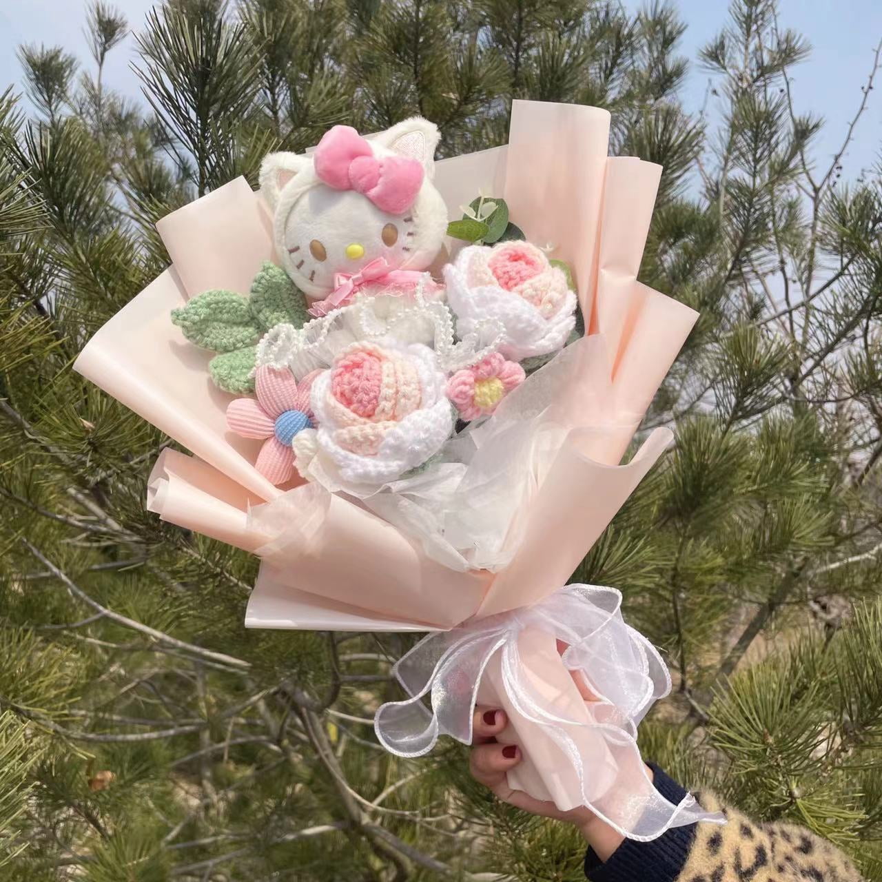 Cartoon Hellokitty Cat With Artificial Flowers Plush Doll Toy bridal bouquet Flower Bouquet Valentine Christmas Graduation Gifts