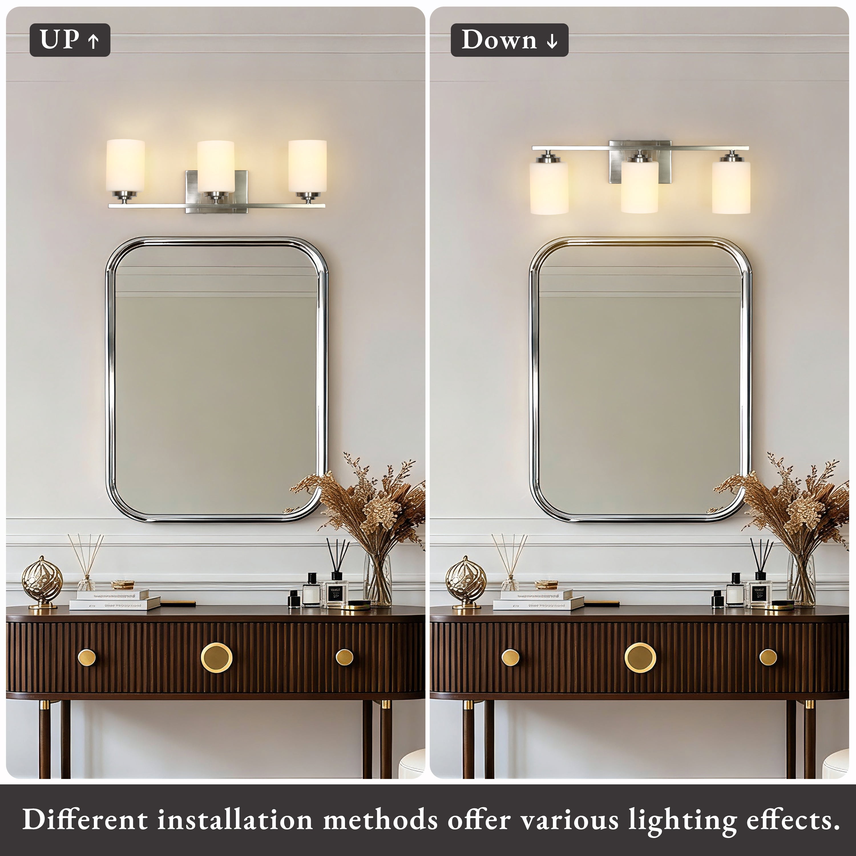 LNC 3-Light Bathroom Vanity Fixture with White Frosted Glass Shades, Brushed Nickel Finish