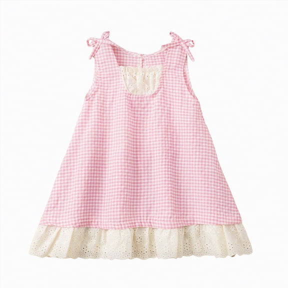 Leey-World Toddler Baby Girls Cotton Linen Plaid Dress with Ruffle Back Straps and Bow Kids Casual Dress(Pink,3-4 Years)