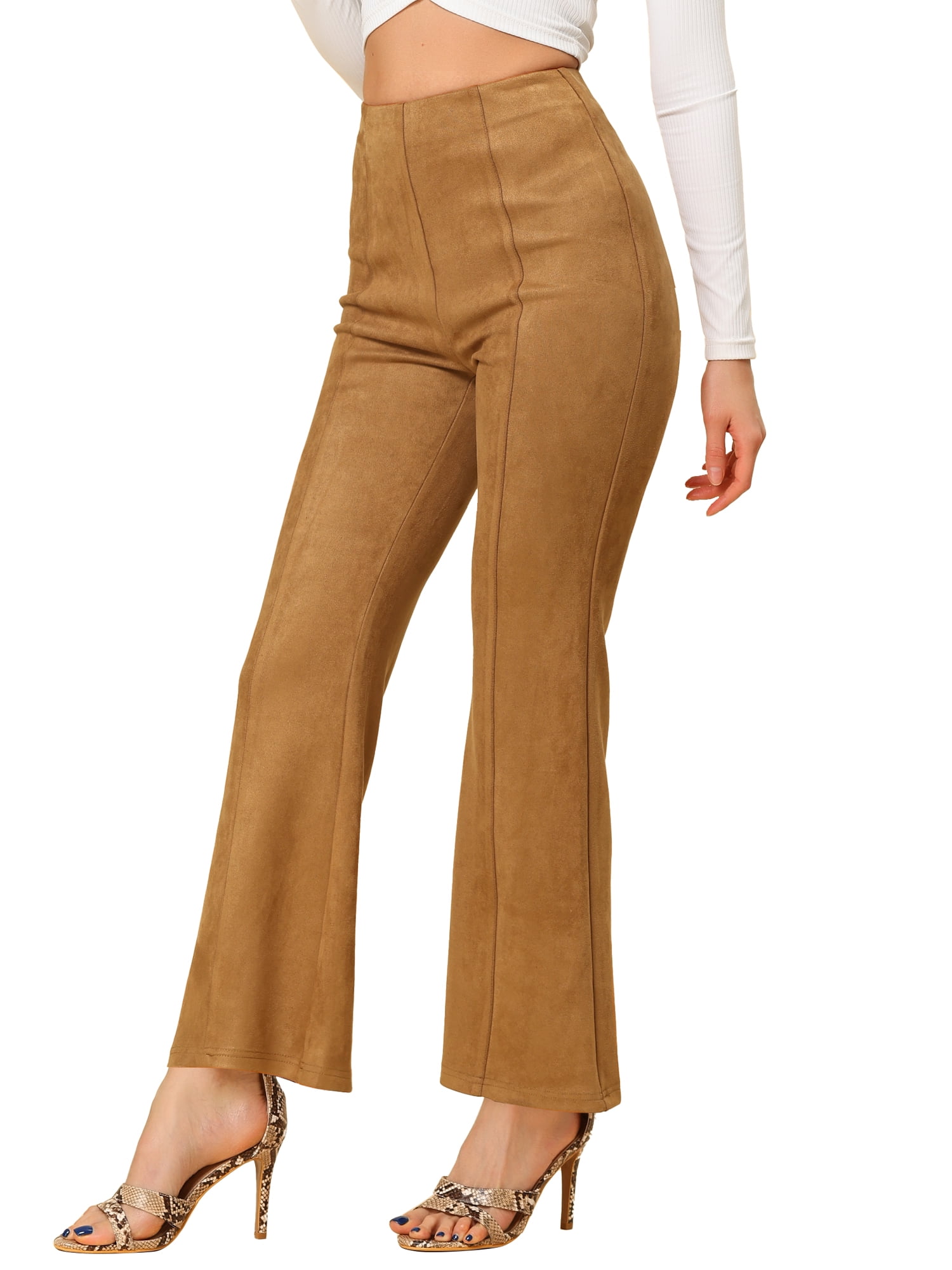 Unique Bargains Juniors Flared Hidden Side Zipper Knitted Faux Suede Flared Pants