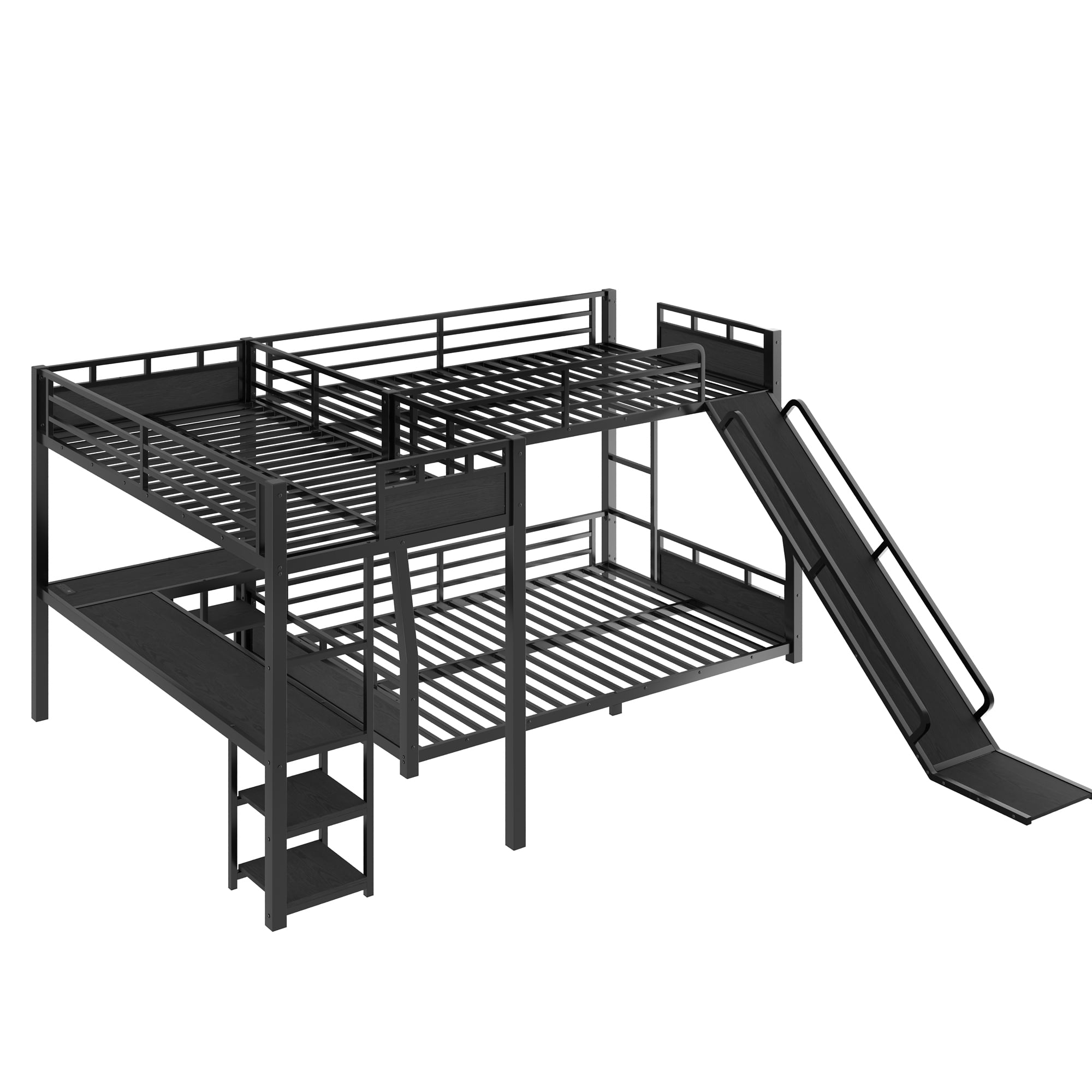 Leumius Full Over Queen Metal Triple Bunk Bed,L-Shaped Triple Bed Frame with Desk, Storage Shelves and USB Charging Port,Black