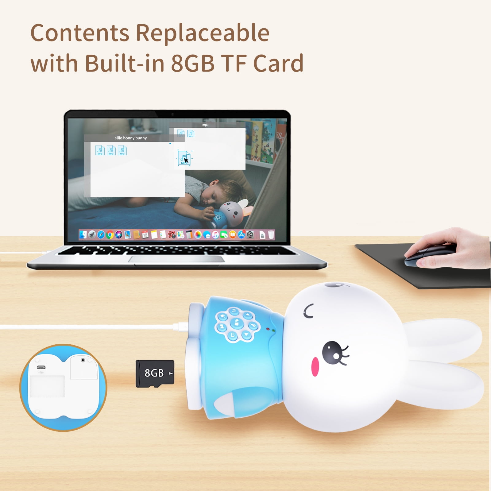alilo Bunny Baby Audio Player - Toy w/ Chewable Teether Ears, Colorful Lights - Educational Sounds, Stories, Music, White Noise for 10+ Months Kids - Baby Gift for Learning - Blue