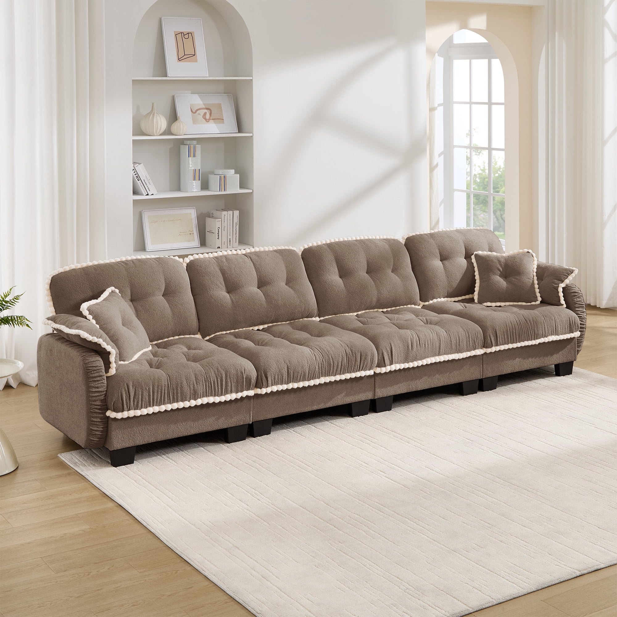 Anpport Modern Aesthetic Brown 4-Seater Sofa, Quilted Tufted Couch with Pom-Pom Trim, Includes 4 Throw Pillows for Apartment, Office & Living Room