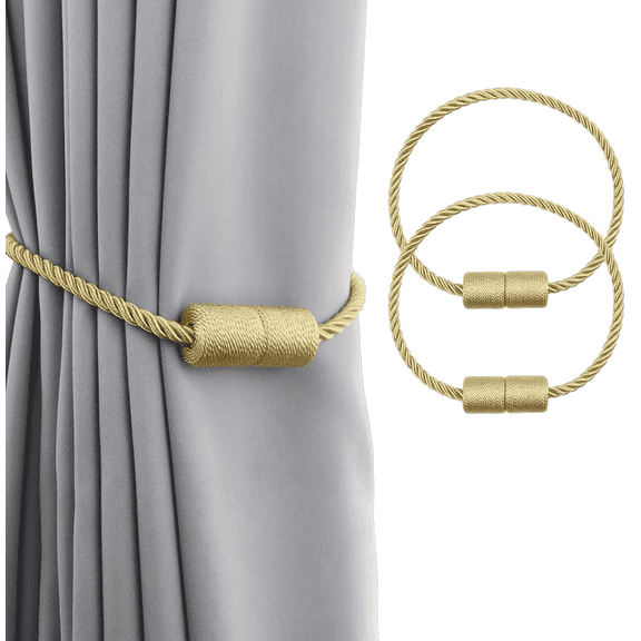 Magnetic Curtain Tiebacks 2 Pack, Strong Gold Holdbacks for Indoor Window Curtains & Outdoor Drapes, Modern Elegant Rope Decorative Tie Backs