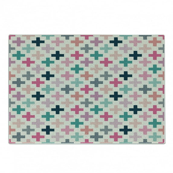 Teal and White Cutting Board, Colorful Geometric Shapes Dotted Design Hipster Feminine Fun Art Graphic, Decorative Tempered Glass Cutting and Serving Board, Small Size, Multicolor, by Ambesonne