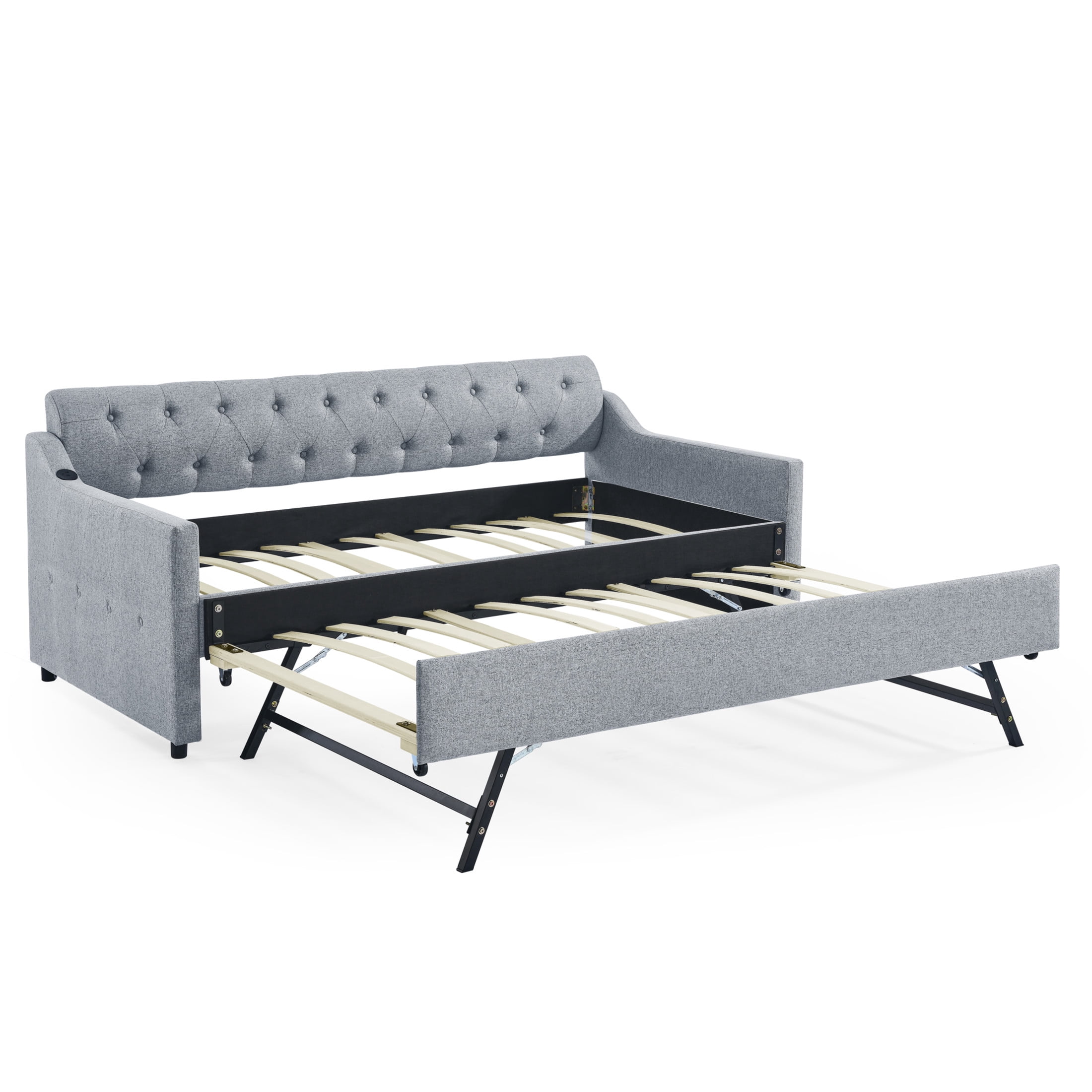 Noble House Carola Twin Size Linen Upholstery Daybed, Mid-Century Tufted Sofa Bed with Trundle and Charging Port, Gray