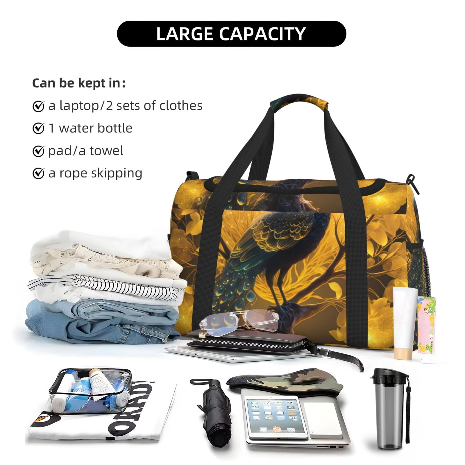 Fuzoiu Elegant Gold Leaf Peacock Print Travel Duffle Bag,Carry On Tote Bags,Duffel Bag,Sport Gym Bag, Hospital Bag for Labor and Delivery, Overnight Bag,Luggage Bag