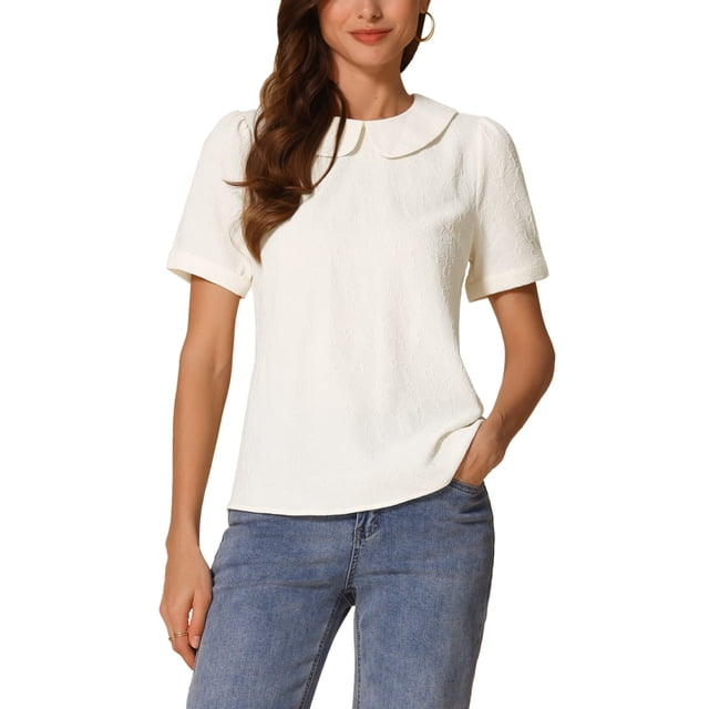 BLUSA CON COLLAR PETER PAN INSPIRADA EN CHIC PARA MUJERES, CON FLORES JACQUARD Y MANGAS CORTAS PUFF, ESTILO KAWAII, TAMAÑO M, COLOR ALBARICOQUE