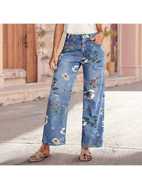 Spring/Summer Floral Pattern Straight High-Waisted Jeans, Vintage Random Print Loose Wide-Leg Denim