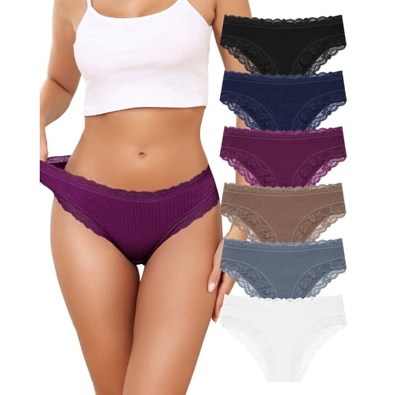 Aijolen Women's Cotton Underwear Lace Brazilian Panties Soft Breathable Cheeky Bikini Low Rise 6-Pack(S,Wisteria Bower)