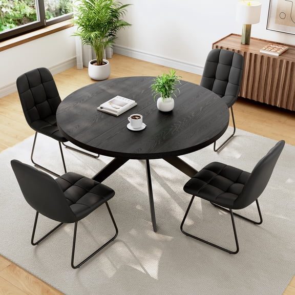 46.4" Round Table Set Of 4 , Modern Kitchen Table Set, Mdf Dining Table With Dining Chairs
