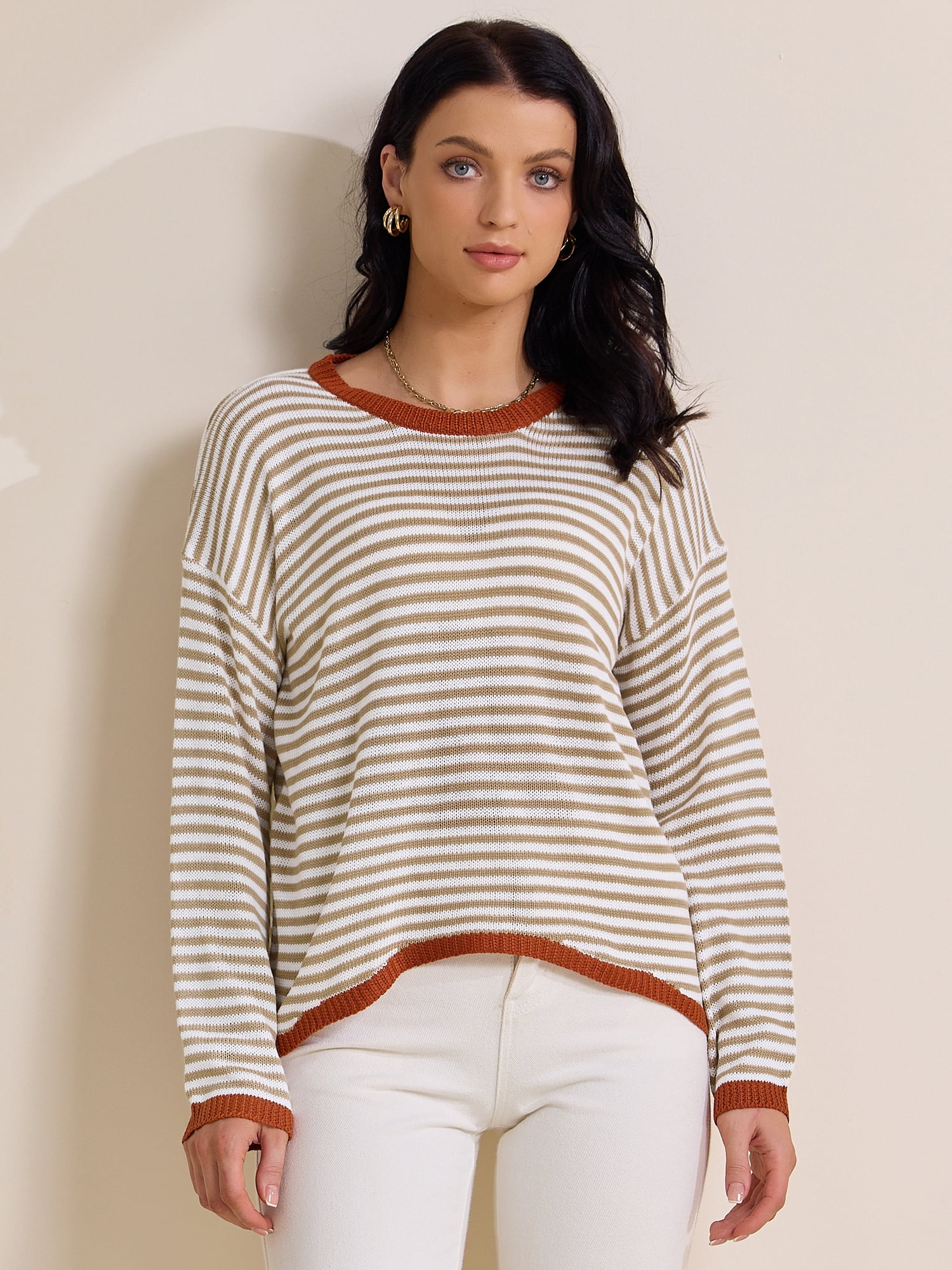 DARING DIVA Women's Striped Crew Neck Loose Knitted Sweatshirts S Khaki
