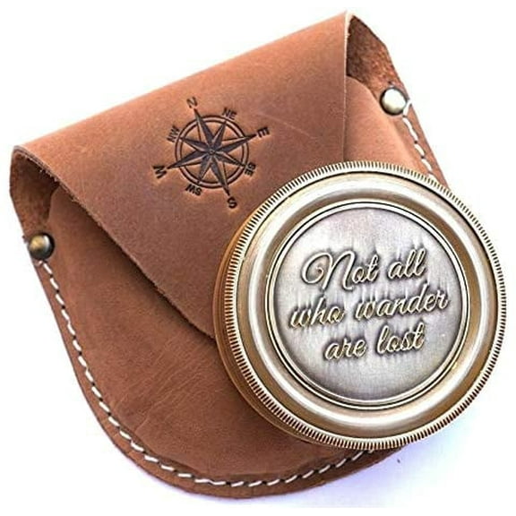 Brass Compass Not All Who Wander are Lost Engraved Pirates Compass Magnetic Navigation Instrument with Leather Case
