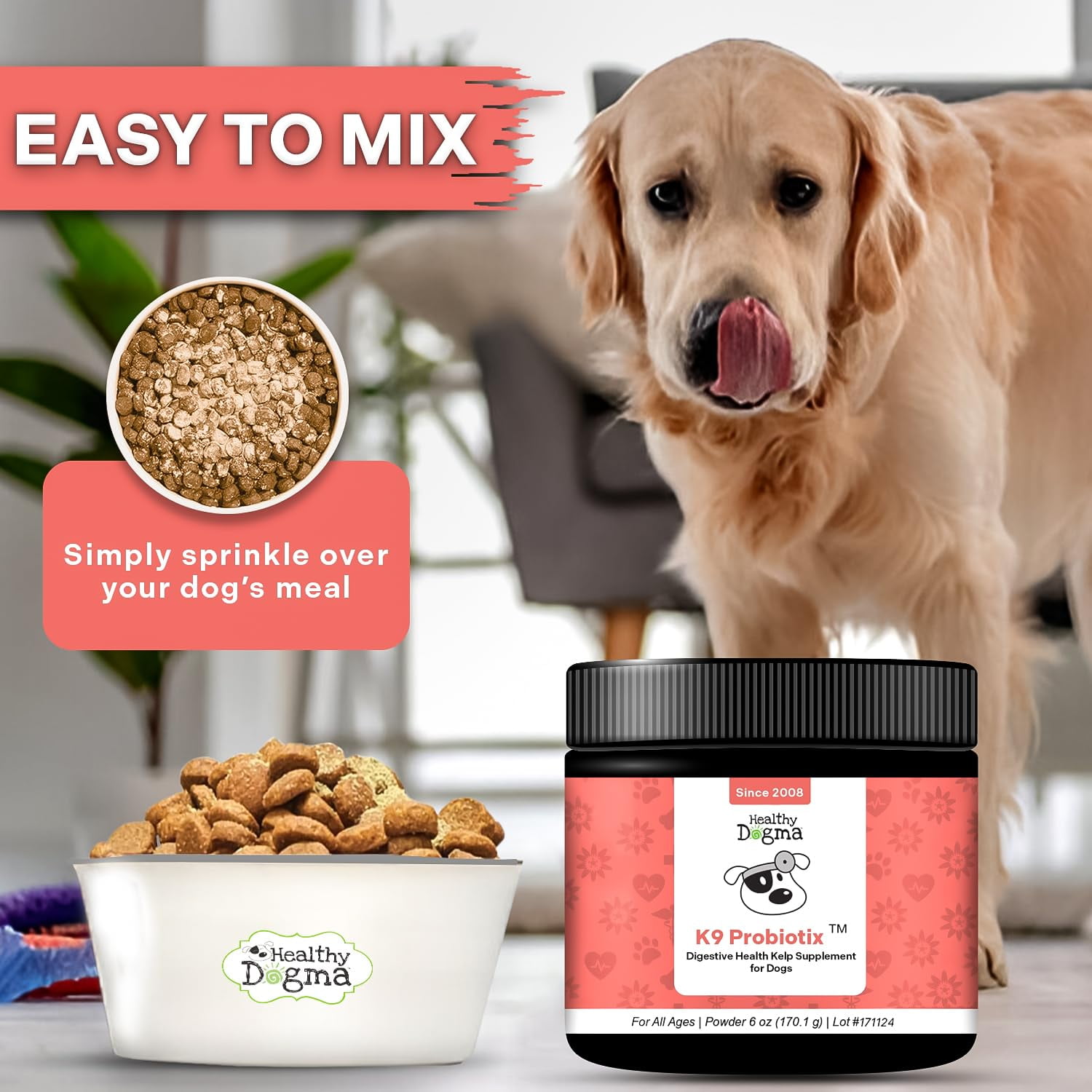 "Healthy Dogma K9 Probiotix – Natural Probiotic Powder for Dogs – Gut Health & Digestive Support with Slippery Elm, Licorice & Ginger – Easy-to-Mix Supplement – All-Natural, Made in USA (6 oz) "