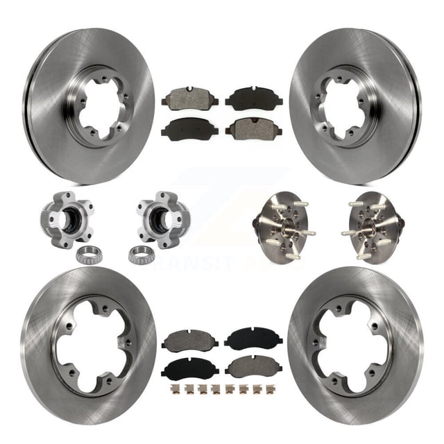 Transit Auto Front Rear Hub Bearing Assembly Disc Brake Rotor and Semi-Metallic Pad Kit (10Pc) for Car Ford Transit-250 Transit-150 with 5 Lug Wheels Without 4600 Lb Axle (Left Right) KBB-132578
