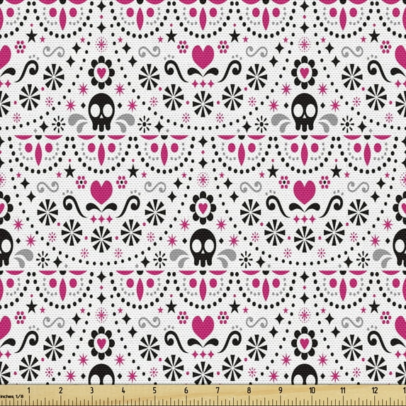 Folk Fabric by the Yard Upholstery, Mexican Themed Minimal Chaotic Objects Skulls and Hearts, Decorative Fabric for DIY and Home Accents, Hot Pink Charcoal Grey by Ambesonne