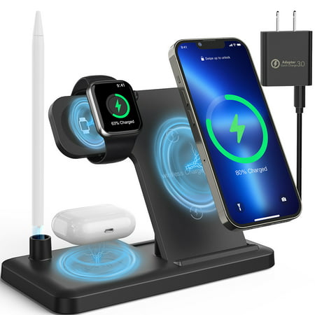4 in 1 Wireless Charger, Fast Wireless Charging Station 18W Charger Pad Stand, Qi-Certified Charging dock for Apple Watch AirPods 1/2/3/Pro iPhone 14/13 pro/ Pro max/12/12 Pro/SE/11/11pro/X/XS/XR/Xs