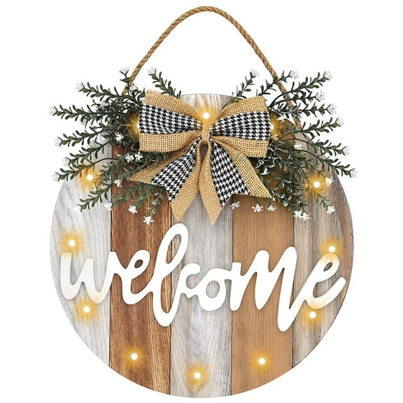 Wishrage Welcome Sign with LED Light for Front Door, Round Wooden Welcome Sign with Greenery for Farmhouse porch Spring Front Door Decor