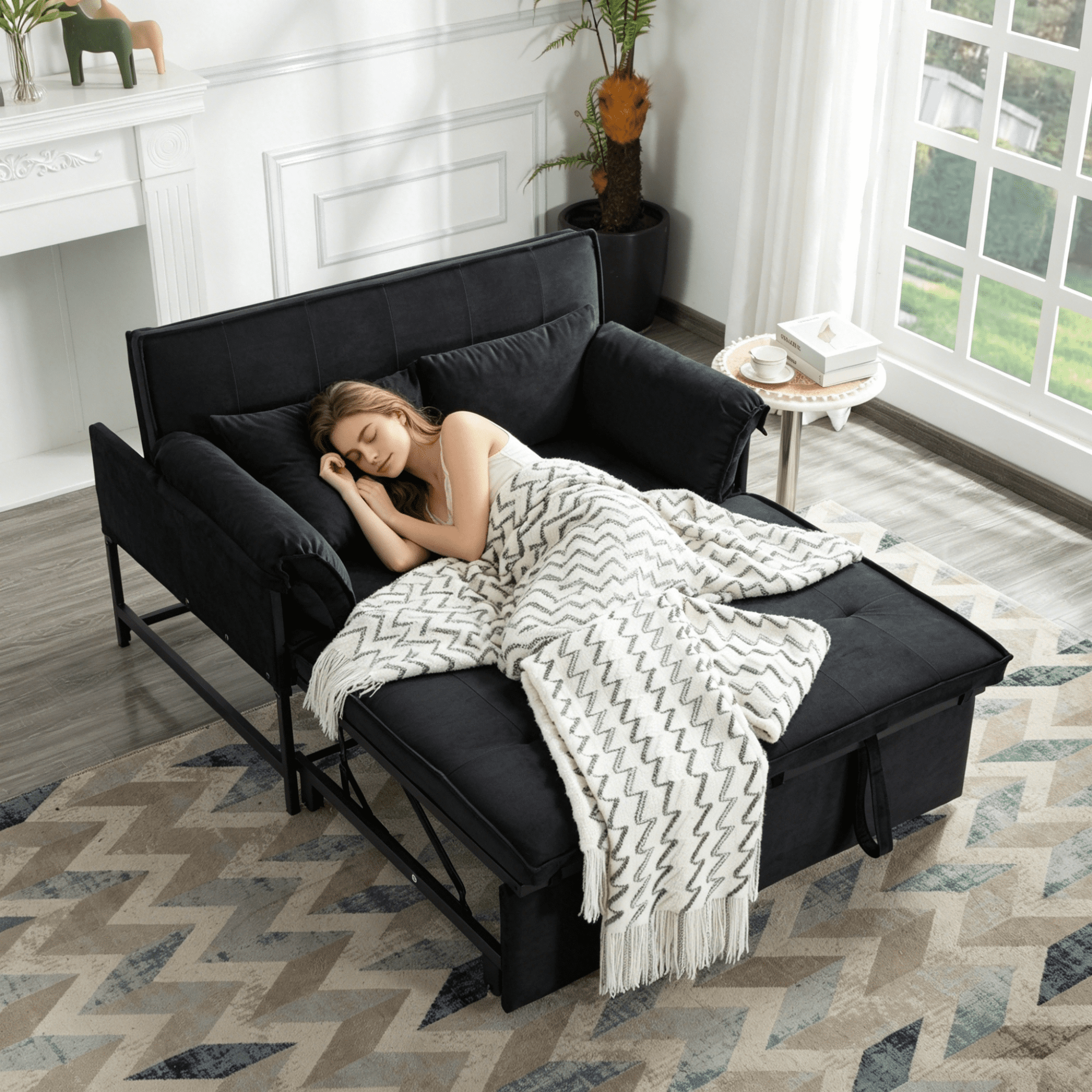 Gewnee 46"3 in 1 Convertible Sofa Bed,Pull-out Sleeper with 5 Reclining Positions for Living Room,Apartment,Velvet Black