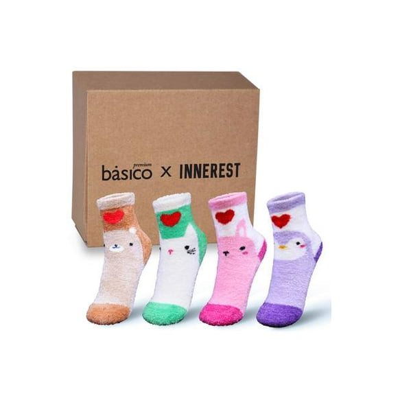 Innerest Basico Kids Winter Fuzzy Socks Cozy Microfiber Holiday Gift Box 4 pairs