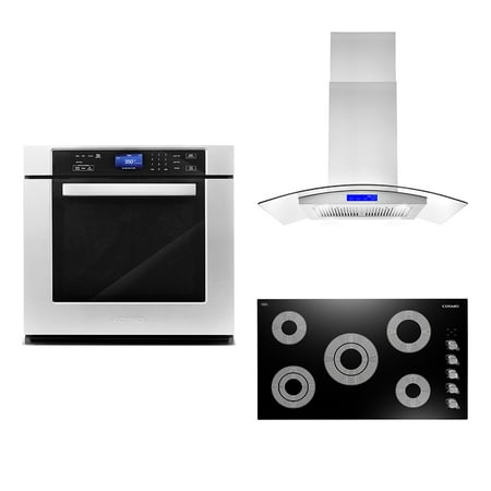 Cosmo 3 Piece Kitchen Appliance Package With 36  Electric Cooktop 36  Island Range Hood 30  Single Electric Wall Oven Kitchen Appliance Bundles