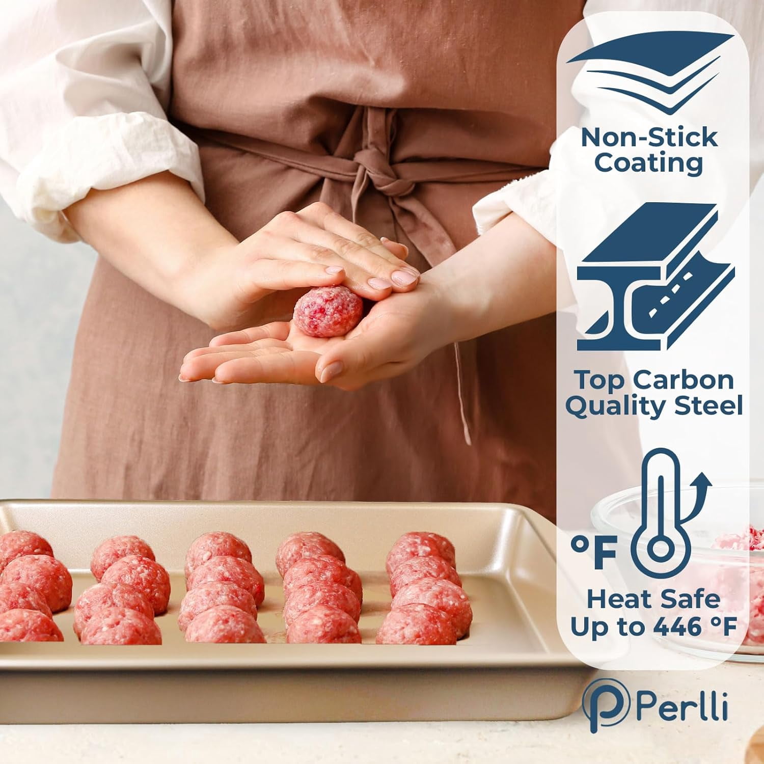 PERLLI 10-Pc Non Stick Baking Pans Set Gold Bakeware with Blue Silicone Grips