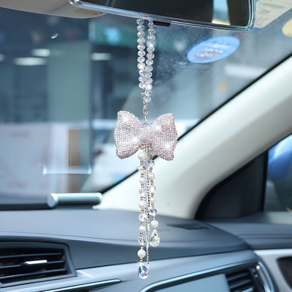 LAMIRO Bow Pendant with Crystal Beaded Charms for Rear View Mirror Car Interior Decoration Accessories