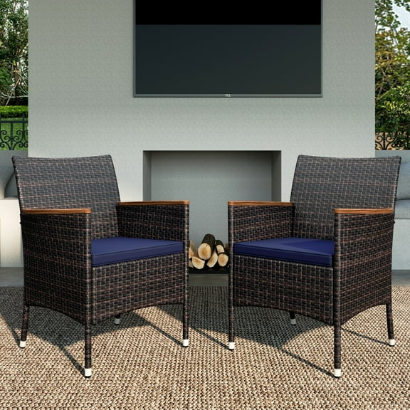 MF Studio 2 Pieces Outdoor Rattan Dining Chairs, All Weather PE Rattan Wicker Chairs with Cushion and Wooden Armrest