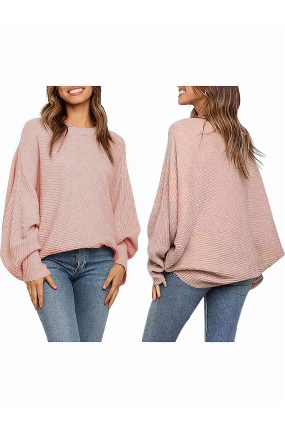 Women'S Oversized Crewneck Sweater Batwing Puff Long Sleeve Cable Slouchy Pullover Jumper Tops Pink XL