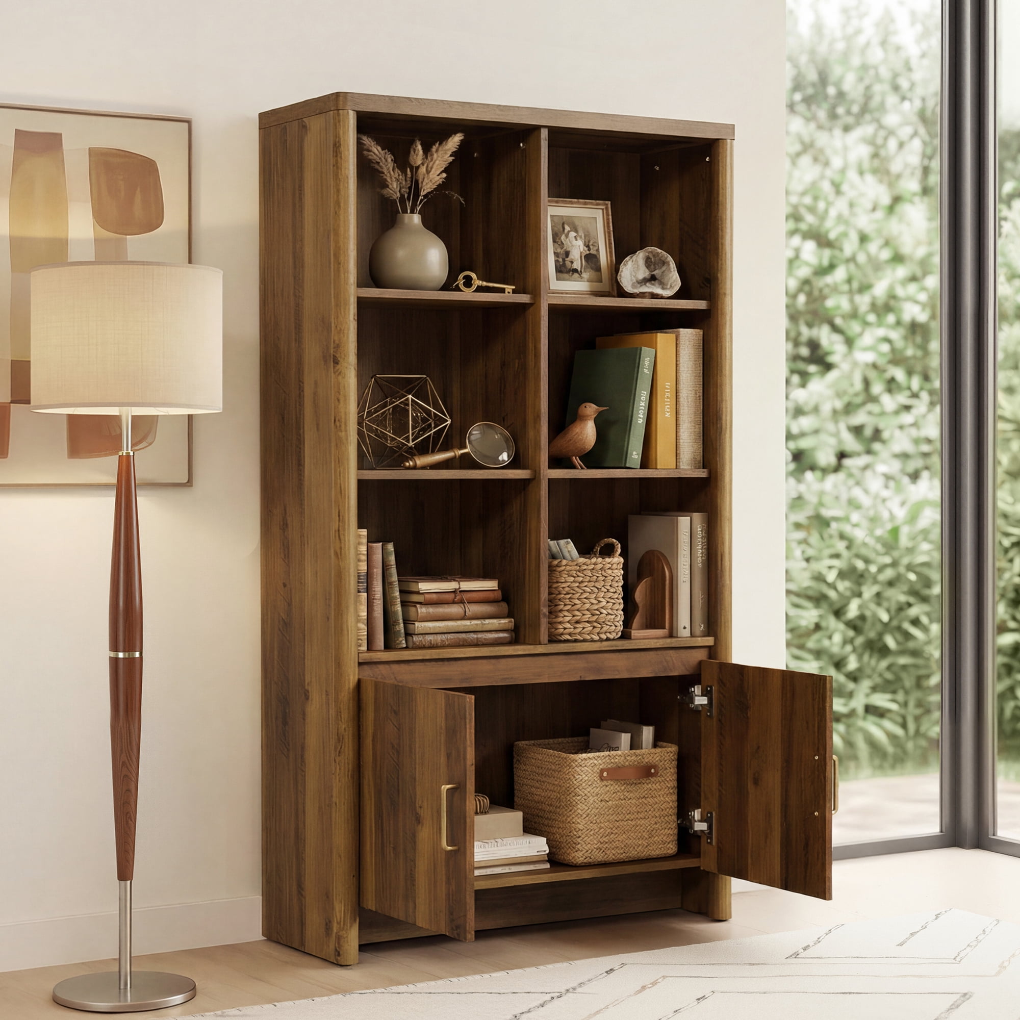 Spruce & Spring 59.3" Tall Bookshelf with Storage, 2-Door 6-Cube Library Bookcase with Adjustable Shelves, Modern Cabinet for Living Room Dining Room Office Hallway, Walnut