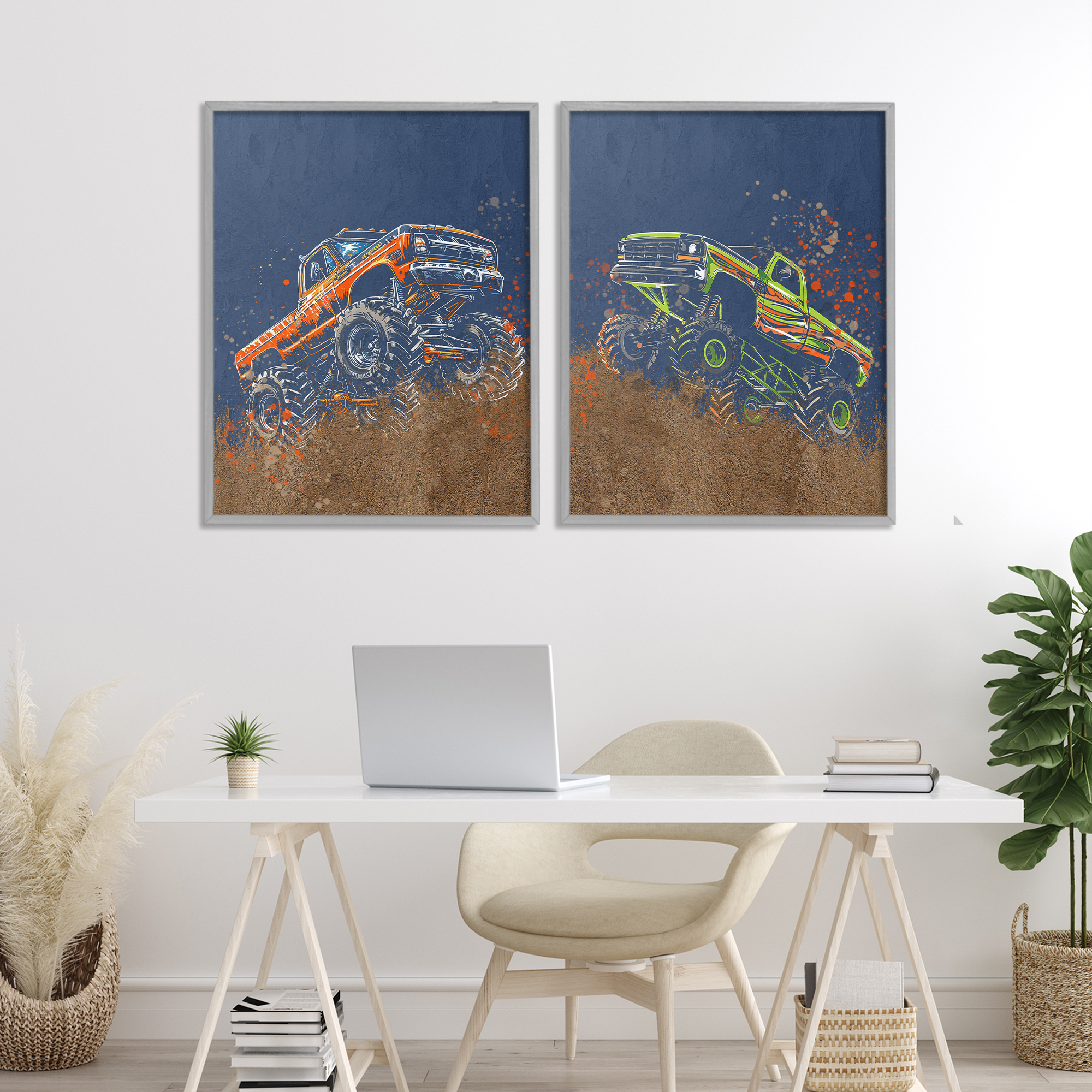 Monster Truck Jam 2 Piece Gray Framed Giclee Art Set, design by Kim Allen