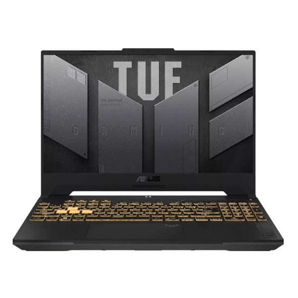 laptop asus tuf gaming intel core i7 12700h ram 16gb ddr4 ssd de 1tb pantalla 15.6' rtx 4070 w11h vista frontal centrada de la laptop negra TUF con pantalla 15.6" (Full HD), teclado RGB iluminado en amarillo, bisel inferior con logo ASUS y carcasa mate; a menudo usada como equipo de juego portátil y estación de trabajo móvil.