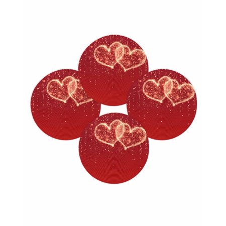 Valentine s Day Round Placemats Set of 4 Love Heart Place Mats Washable Woven Placemat Gold Red Shiny Romantic Circle Braided Table Mat for Kitchen Dining Table Wedding Party Home Decor 15 Inch