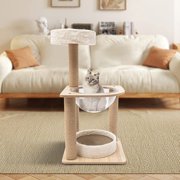 Miumaeov Pets Cat Tree Cat Climbing Frame Integrated Cat Nest 3-Tier Cat Activity Tree with Sisal Wrapped Support Scratching Posts & Lounging Cat Look-Out Light Brown