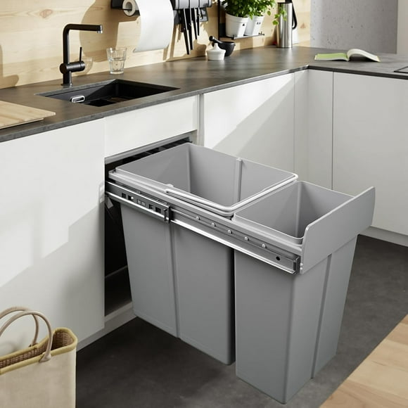 BBTEQEKN 10L+20L Dual Pull-Out Trash Can Under Cabinet, Garbage Can Pull Out Under Sink with Lid, Slide Out Waste Bin Under Counter, 31.5 Qt/8 Gallon, Grey