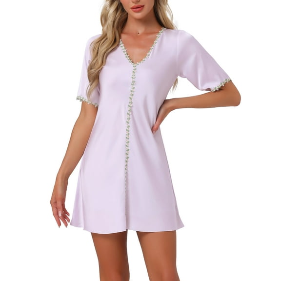 INSPIRE CHIC Women's Nightgown Floral Sleepdress Soft V Neck Short Sleeve Loungewear L Purple