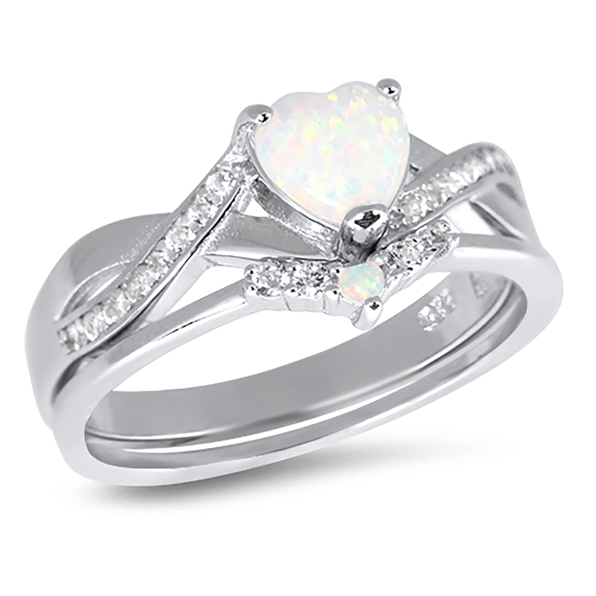 Sterling Silver White Opal Heart Cut Wedding & Engagement Ring Set for Women Size 5