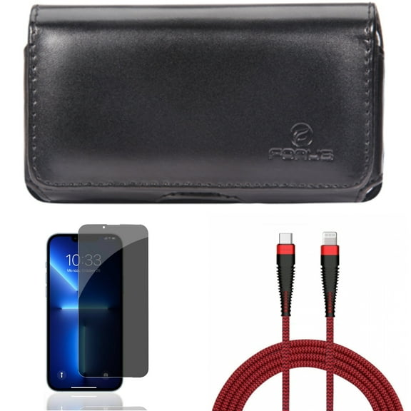 Privacy Screen Protector & Case Belt Clip & PD Cable for iPhone 13/Pro - Combo with Tempered Glass Curved Anti-Spy & Leather Swivel Holster & 10ft USB-C to iPhone Charger