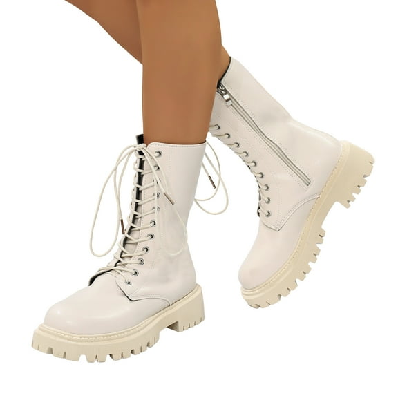 Mid Calf Combat Boots for Women Black White Lace up Chunky Lug Sole Waterproof Winter Long Booties