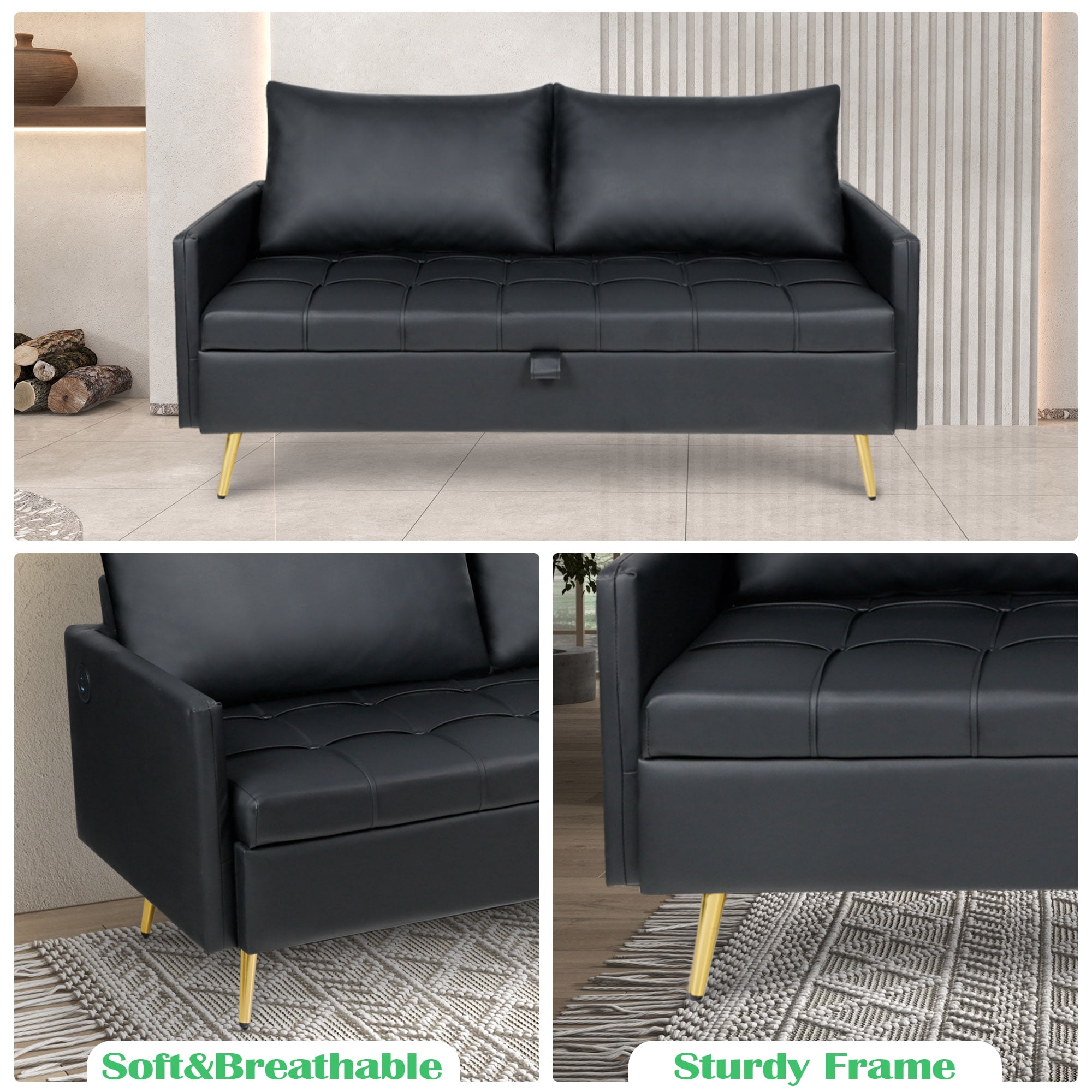 Coewske 60'' W Faux Leather Loveseat Sofa Couch w/ Storage Space & 2 USB Charging Ports Black