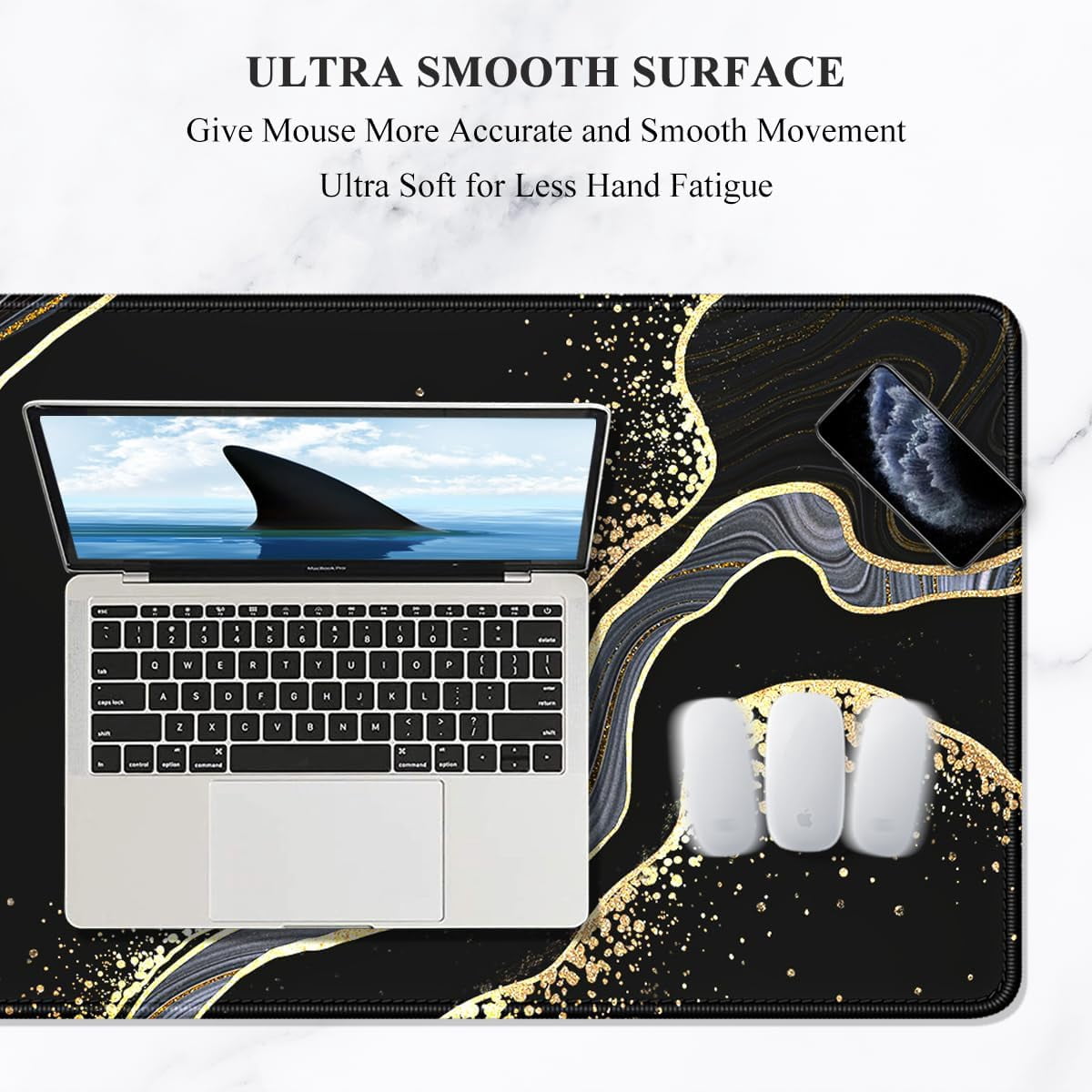 Extended Mouse Pad, XXL Desk Pad Gaming Mousepad, Large Big Laptop Computer Keyboard Desk Mat with Non-Slip Base Stitched Edge for Gaming Office Men Women, 35.5 x 15.7 in, Black Marble