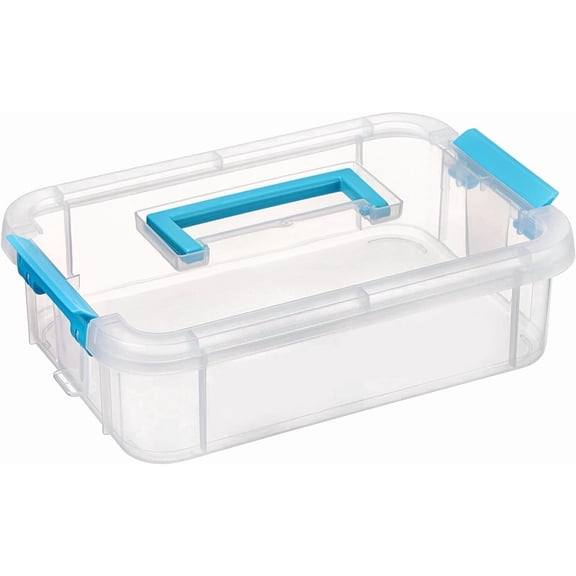 Clear Plastic Storage Box, Portable Organizer Container with Blue Handle, Stackable Storage Bin for Office , Multi-Use Container Box with Lid for Stationery Craft Sewing Supplies