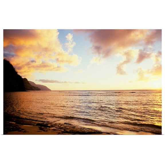 Great BIG Canvas | Rolled Peter French Poster Print entitled Hawaii, Kauai, Na Pali Coastline, Ke'e Beach At Sunset