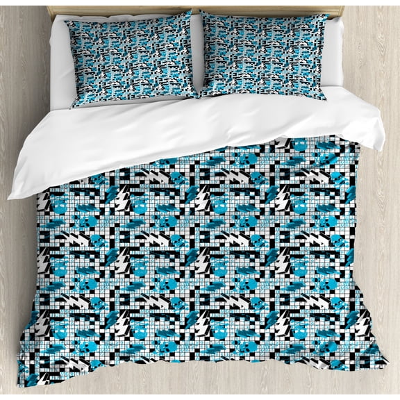 Retro Duvet Cover Set Queen Size, Crossword Puzzle Theme with Skulls Thunder Bolts Grunge Style Illustration, Decorative 3 Piece Bedding Set with 2 Pillow Shams, Blue Black and White, by Ambesonne