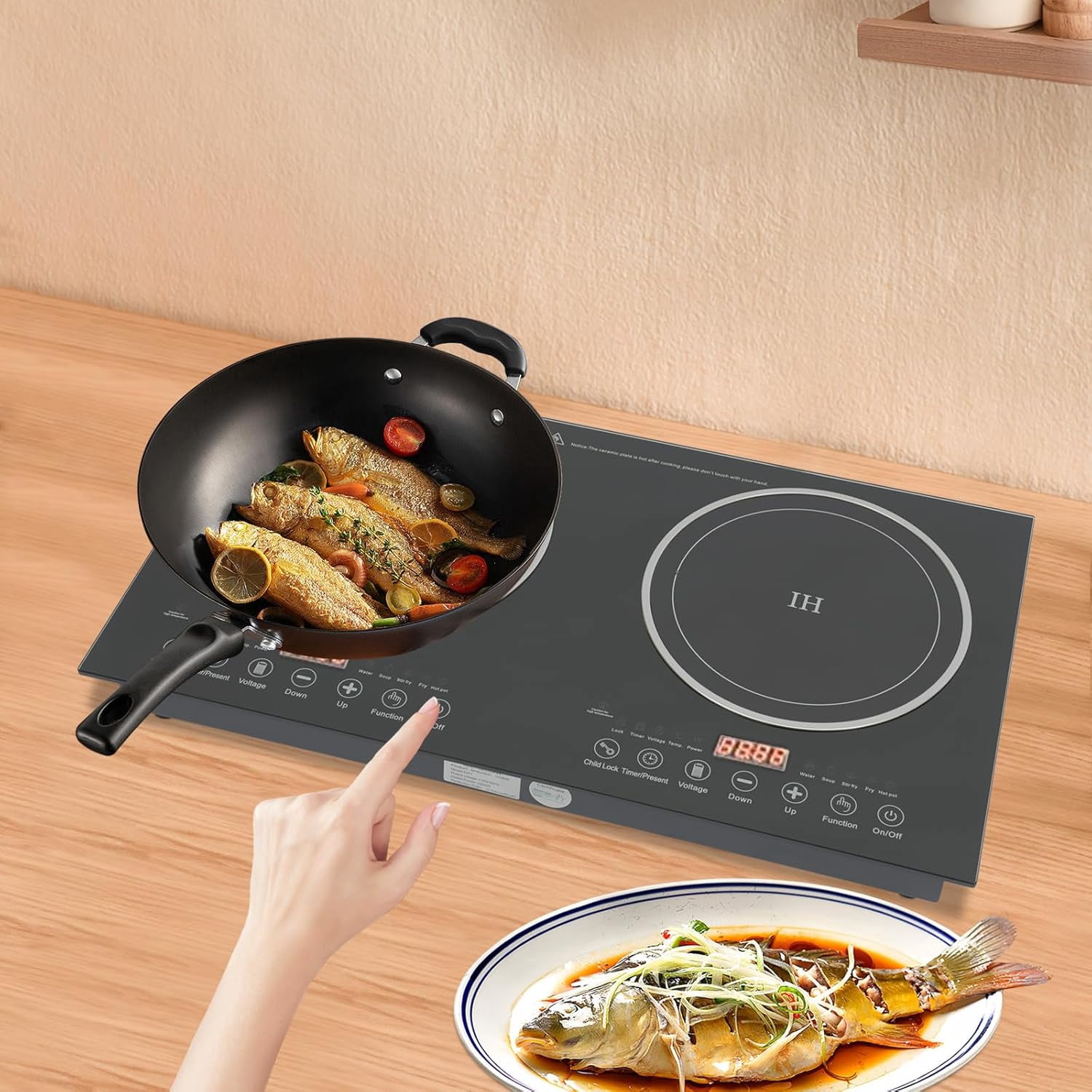 2400W Electric Stove Portable Countertop Induction Cook Top Double,Electric Hot Plate Dual Control Infrared Cook Top for Flat-Bottomed Magnetic Pans/Containers